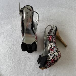 Rampage Heel Shoes Womens Size 7 Black Floral Slingback Peep Toe Stiletto Bow